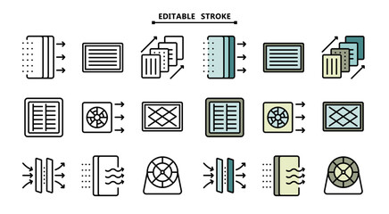 Air Filter And Airflow Collection Icons Set Vector. Editable stroke. Air Filter Equipment, Domestic Device For Filtration Concept Color Pictograms. Filtration process. Potable water symbols. Isolated 