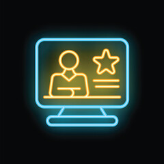 Bright neon icon of a computer screen displaying user profile information with a star symbol, representing online presence, account verification, or positive feedback
