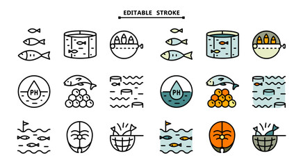 Fish farm icons set. Editable stroke. Flat set of fish farm icons. Simple vector illustration for mobile concept and web design.