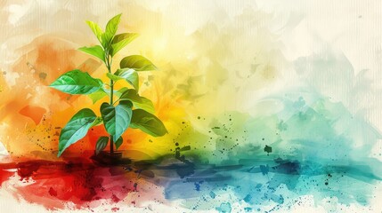 The artwork showcases a vibrant Tulsi plant at the center, surrounded by an array of colors blending seamlessly into an artistic backdrop, creating a serene Holi atmosphere