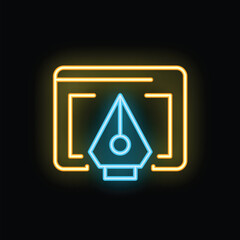 Glowing blue and gold neon icon of a pen tool drawing on a tablet representing digital art and creation
