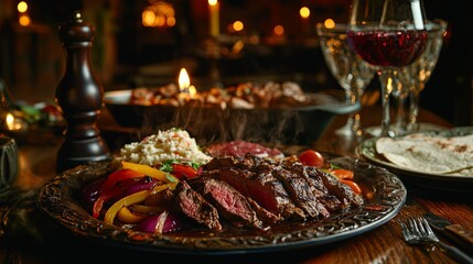 Sizzling fajitas with grilled steak, bell peppers, and onions on a hot plate.
