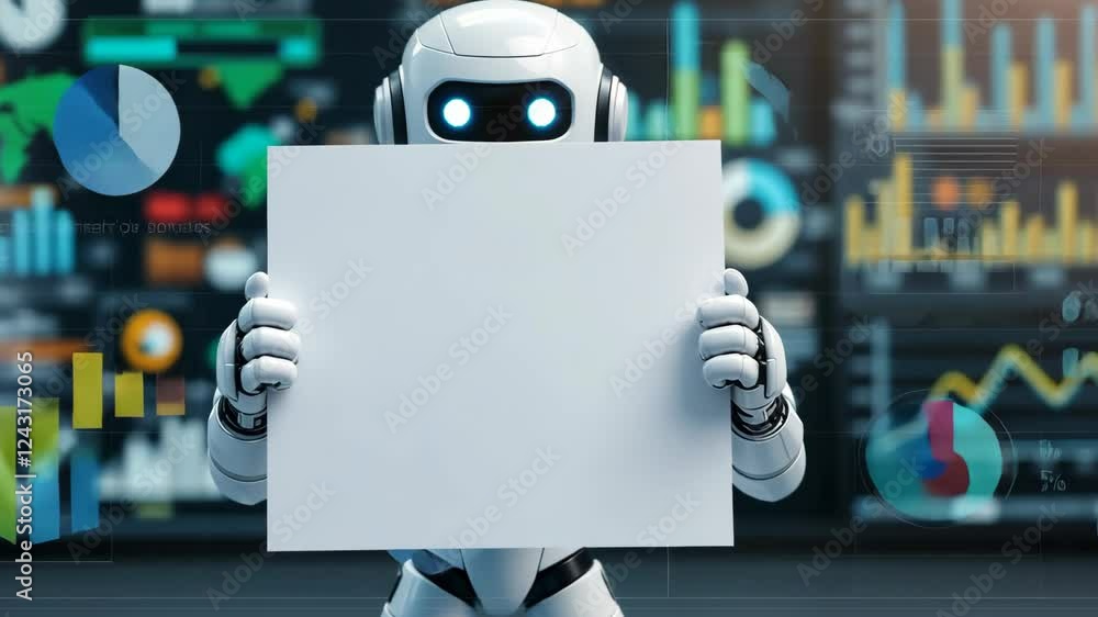 Poster futuristic robot presents digital data analytics with holographic charts