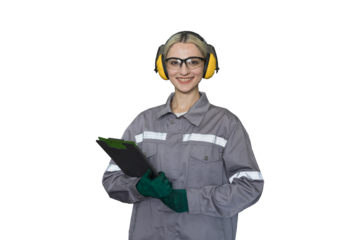 Happy woman engineer standing holding clipboard on transparent background. Female technician wear safety uniform standing on transparent background. Woman worker on white background