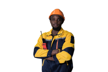 African American male engineer standing with crossed arms on transparent background. Male technician standing on transparent background. Male engineer on white background