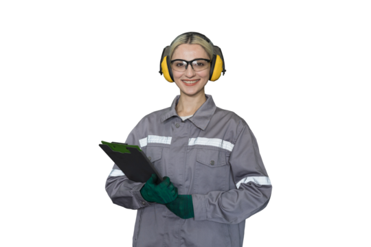 Happy woman engineer standing holding clipboard on transparent background. Female technician wear safety uniform standing on transparent background. Woman worker on white background