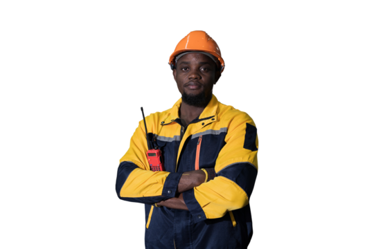 African American male engineer standing with crossed arms on transparent background. Male technician standing on transparent background. Male engineer on white background
