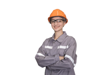 Happy woman engineer standing with crossed arms on transparent background. Female technician wear safety helmet, glasses and uniform standing on transparent. Woman worker on white background