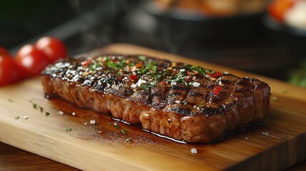 A sizzling Argentine steak on a wooden board