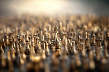 An evocative close-up of a chess set, highlighting a single golden king piece among a sea of other pieces.