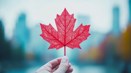 Soft-focus bright red maple leaf, Canada Day.