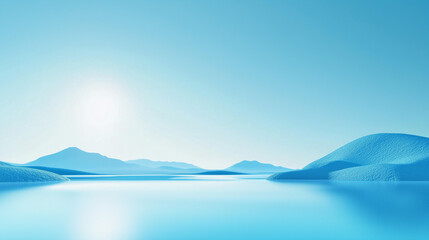 Minimalistic serene blue landscape with smooth hills and calm water under a bright sky, ideal for meditation apps, relaxation content, and minimalist design projects