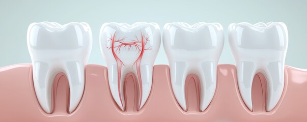 A dental illustration showing healthy teeth with one tooth exhibiting a root canal treatment highlighted in red.