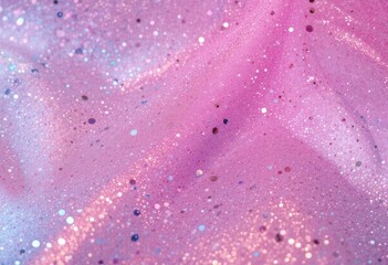 A close-up of a sparkly, holographic fabric texture in pink and purple hues