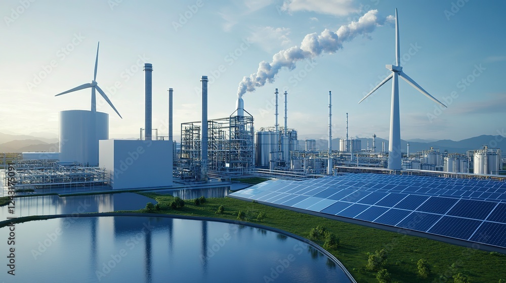 Poster a modern factory integrating renewable energy sources such as solar and wind into daily operations.