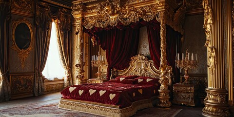 Opulent Gold Bedroom with Red Velvet and Heart Decor