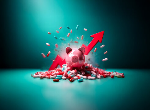 Piggy bank overwhelmed by scattered pills with a red arrow pointing up behind it, representing the increasing expenses related to healthcare.