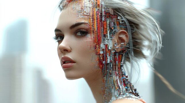 A captivating portrait artfully blends human features with technological elements, exploring the intersection of humanity and advanced technology in a modern society.