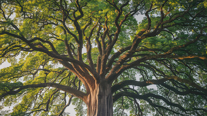 Obraz premium Majestic Tree with Sprawling Branches and Textured Brown Bark, Dense Vibrant Green Foliage Illuminated by Sunlight, High-Resolution Perspective from Below, Towering Overhead, Nature's Strength