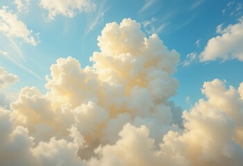 A surreal landscape with yellow cotton candy clouds in a blue sky