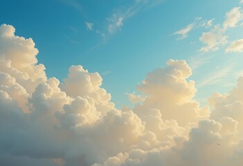 A surreal landscape with yellow cotton candy clouds in a blue sky