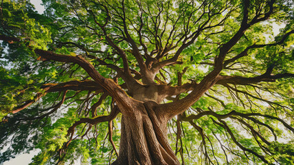Fototapeta premium Majestic Tree with Sprawling Branches and Textured Brown Bark, Dense Vibrant Green Foliage Illuminated by Sunlight, High-Resolution Perspective from Below, Towering Overhead, Nature's Strength