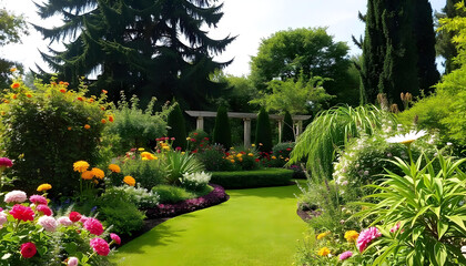 Fototapeta premium A breathtaking garden filled with vibrant, colorful flowers in full bloom, surrounded by lush greenery and towering trees. A winding stone path leads through the garden, with butterflies fluttering an