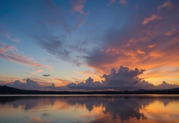 Fototapeta premium A beautiful sunset with clouds reflected in the calm water of a lake.