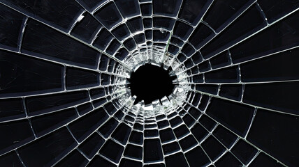 Obraz premium Shattered Black Glass with Intricate Cracks and Jagged Edges, Central Dark Hole in the Middle, Abstract Broken Surface Pattern, High-Resolution Detail of Sudden Impact, Dramatic Glass Texture 