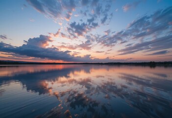 A beautiful sunset with clouds reflected in the calm water of a lake.