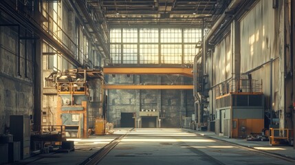 Obraz premium A spacious industrial warehouse with large windows and machinery for manufacturing processes.