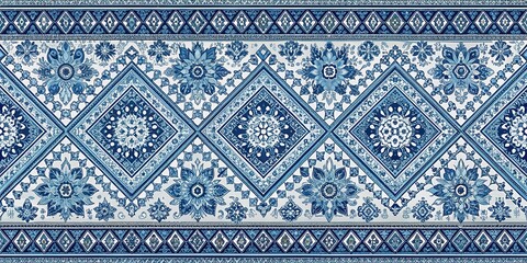 Obraz premium Intricate Blue and White Floral Diamond Pattern Textile Design Featuring Ornate Geometric Shapes and Delicate Flower Motifs