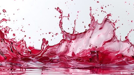 A bold splash of cherry juice, the vibrant red liquid creating intricate patterns against a clean white surface.