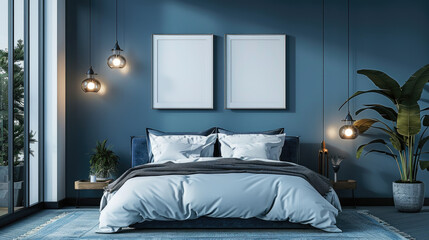 Creating an elegant bedroom with blue walls and modern decor featuring blank frames and warm lighting