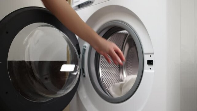 A woman's hand takes freshly washed clothes from the washing machine in the bathroom. Concept: dry cleaning and cleaning services that simplify clothing care and maintain order at home.