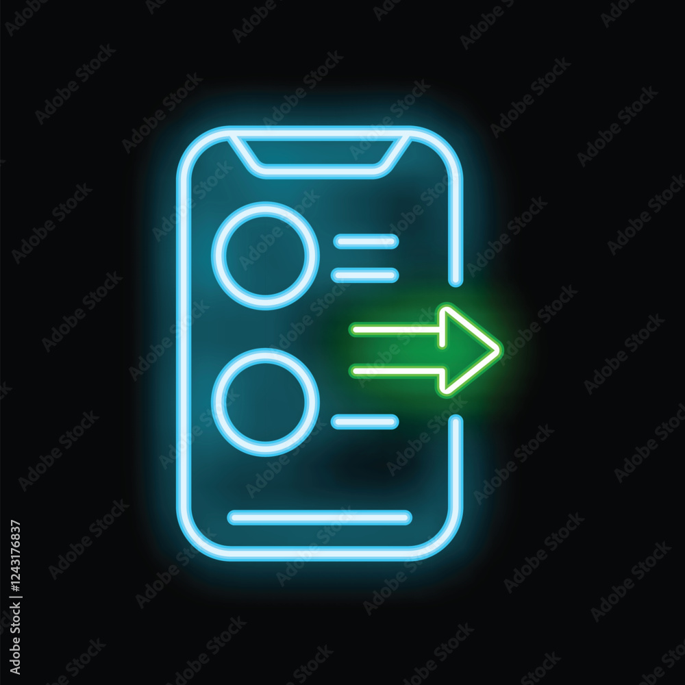 Poster neon glowing icon of a smartphone sending data with a green arrow symbolizing data transfer