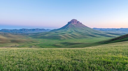 Sunrise over rolling hills and a majestic peak. Landscapes use
