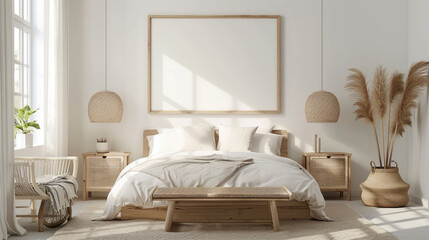 Create a serene minimalist bedroom with light wood nightstands and a large blank frame in soft neutral tones