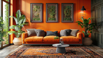 Experience luxury hotel living room aesthetic contemporary urban setting vibrant indoor stylish furniture showcase orange vintage wall frame mockup