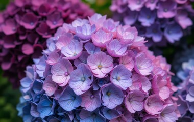 A close-up of vibrant hydrangea flowers in shades of purple, pink, and blue