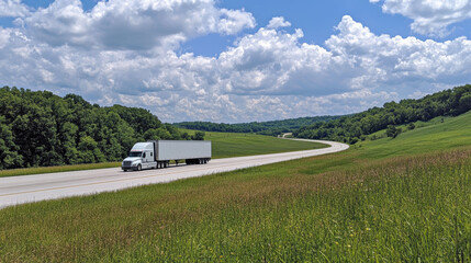 Logistics - A freight truck moves on a forest road