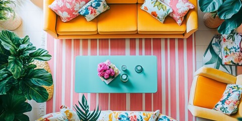 Bright Living Room Decor With Yellow Sofas And Floral Pillows