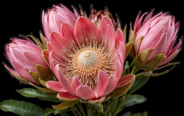 A bouquet of pink king protea flowers against a black background