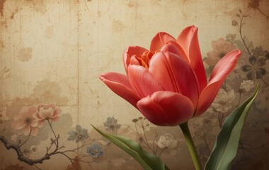 A close-up photo of a pink and white tulip against a vintage Japanese style background