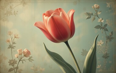A close-up photo of a pink and white tulip against a vintage Japanese style background