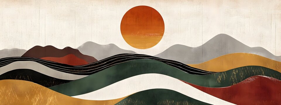 A hand-drawn illustration of the sun setting over rolling hills
