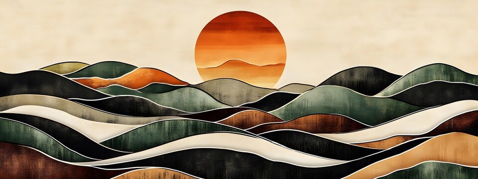 A hand-drawn illustration of the sun setting over rolling hills
