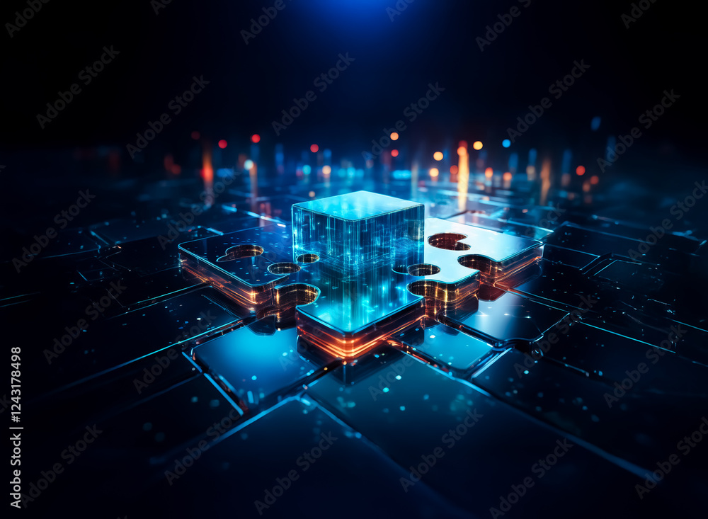 Poster abstract tech artwork featuring a luminous cube on a dark surface with intricate circuitry patterns,