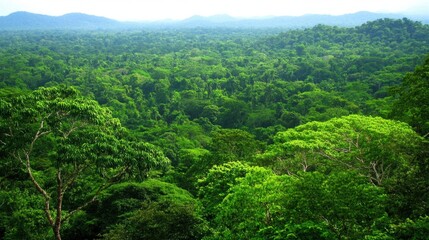 Obraz premium Bird's eye view of a lush green forest with sunlight filtering through 
