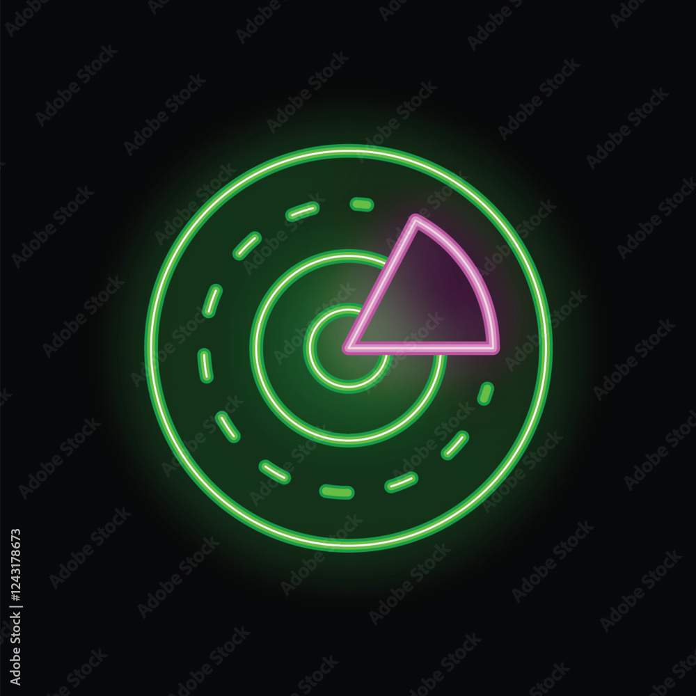 Poster glowing green and pink neon sign of a radar detecting signal with a triangle slice highlighting a sp